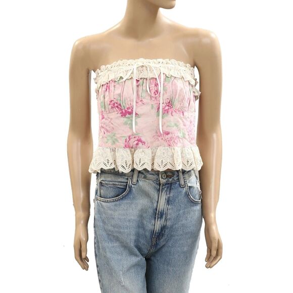 Free People Dolly Tube Cropped Top Floral Printed Smocked Ruched Lace M 284235 - Picture 4 of 7